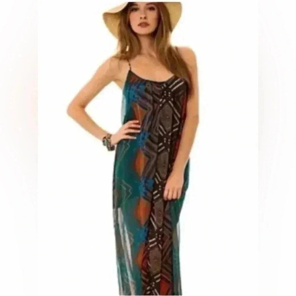 RVCA Dresses & Skirts - RVCA Maxi Multicolour Geometric Boho Flowy Spaghetti Strap Dress Size Medium
